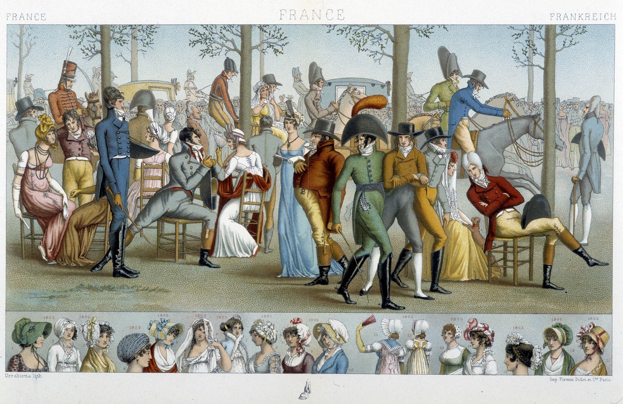 ロンシャンに向かうブルジョワたち。19世紀、ラシーネの「Le costume historique」に掲載されている。 作： アルバートチャールズアウグストラシネ