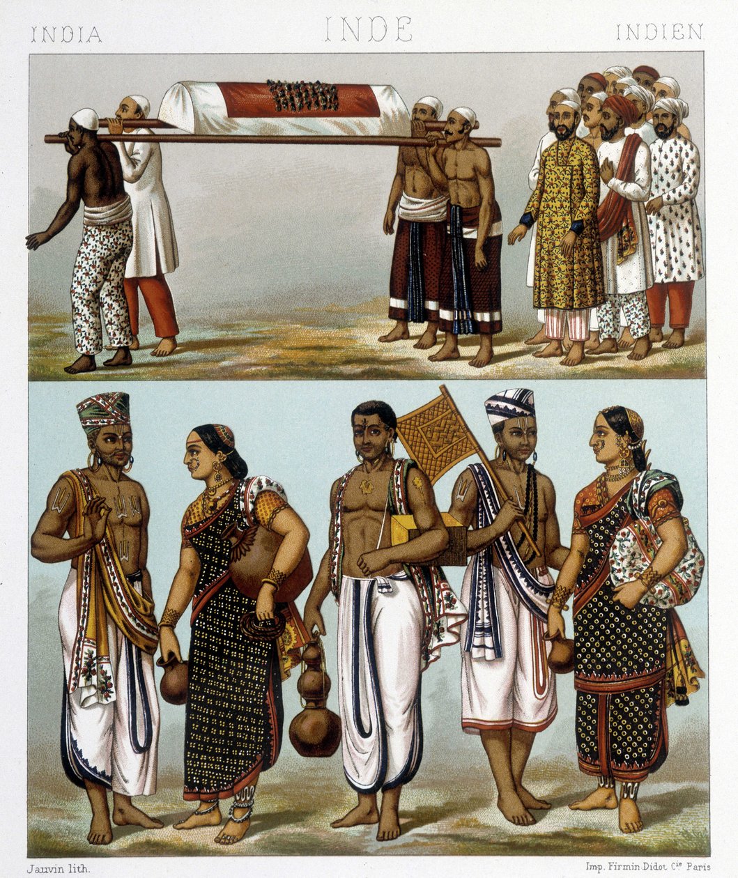 インドに住むイスラム教徒（写真上）とヒンドゥー教徒（写真下）の伝統的なコスチューム。ラシネの「Le costume historique」に掲載されているイラスト 作： アルバートチャールズアウグストラシネ