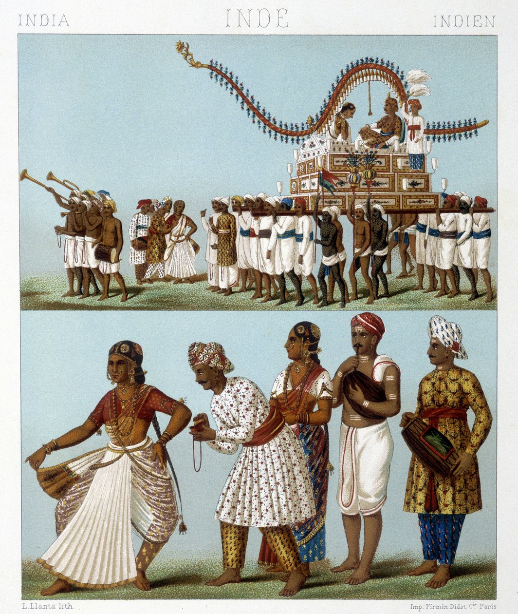 インドの交通、音楽、ダンス、民族衣装。ラシネの「Le costume historique」に掲載されたイラスト 作： アルバートチャールズアウグストラシネ
