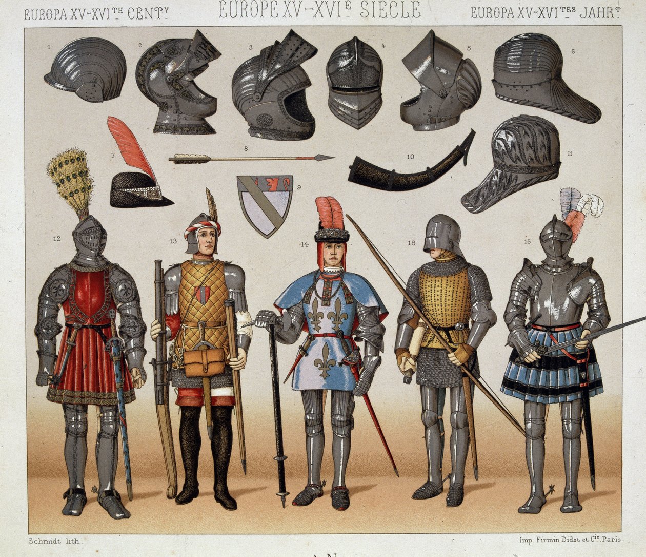 15-17世紀の戦士たち-ラシーネの「Le costume historique」にて 作： アルバートチャールズアウグストラシネ