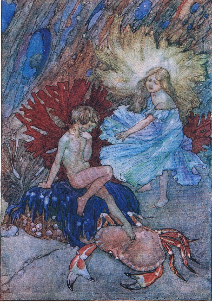 「いいえ、トムについてかわいそうなカニを突かないでください」、The Water Babies pub.by Humphrey Milford Oxford University Press、1930年頃（カラーリソ） 作： アルバート・エドワード・ジャクソン