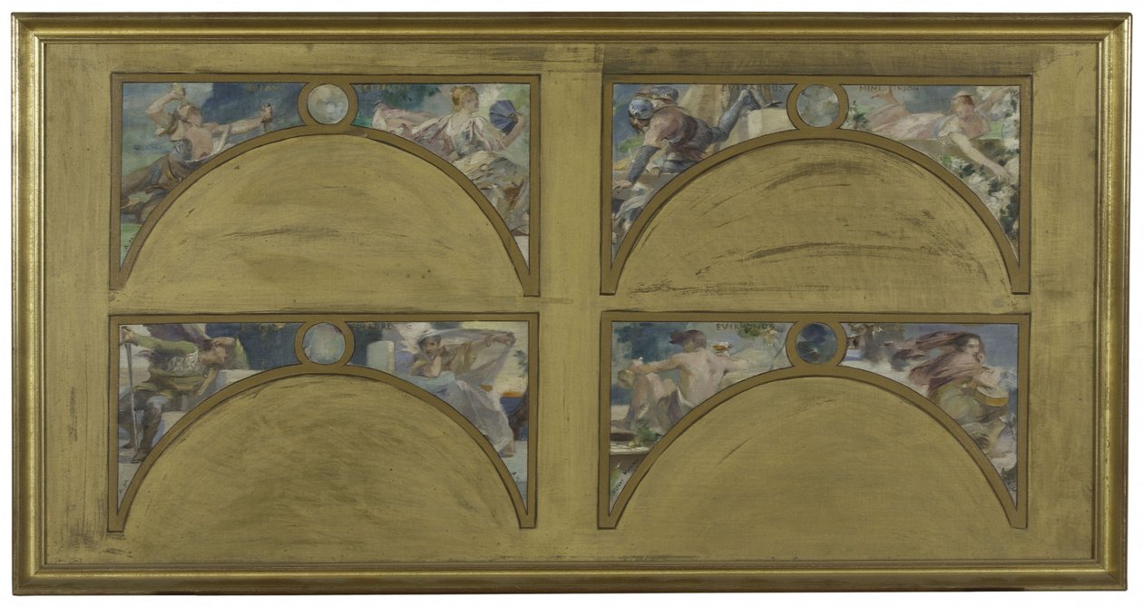 パリ市庁舎でのサロン・デ・レトルのためのスケッチ：偉大な文学作品（『ロランのシャンソン』、『人間嫌い』、『エビラドヌス』、『ミミ・ピンソン』、『ル・シッド』、『フェードル』、『パンタグリュエル』、『ラ・シガール』）、1890年頃（油彩、墨、カンヴァス） 作： アルベール・ピエール・ルネ・メニャン