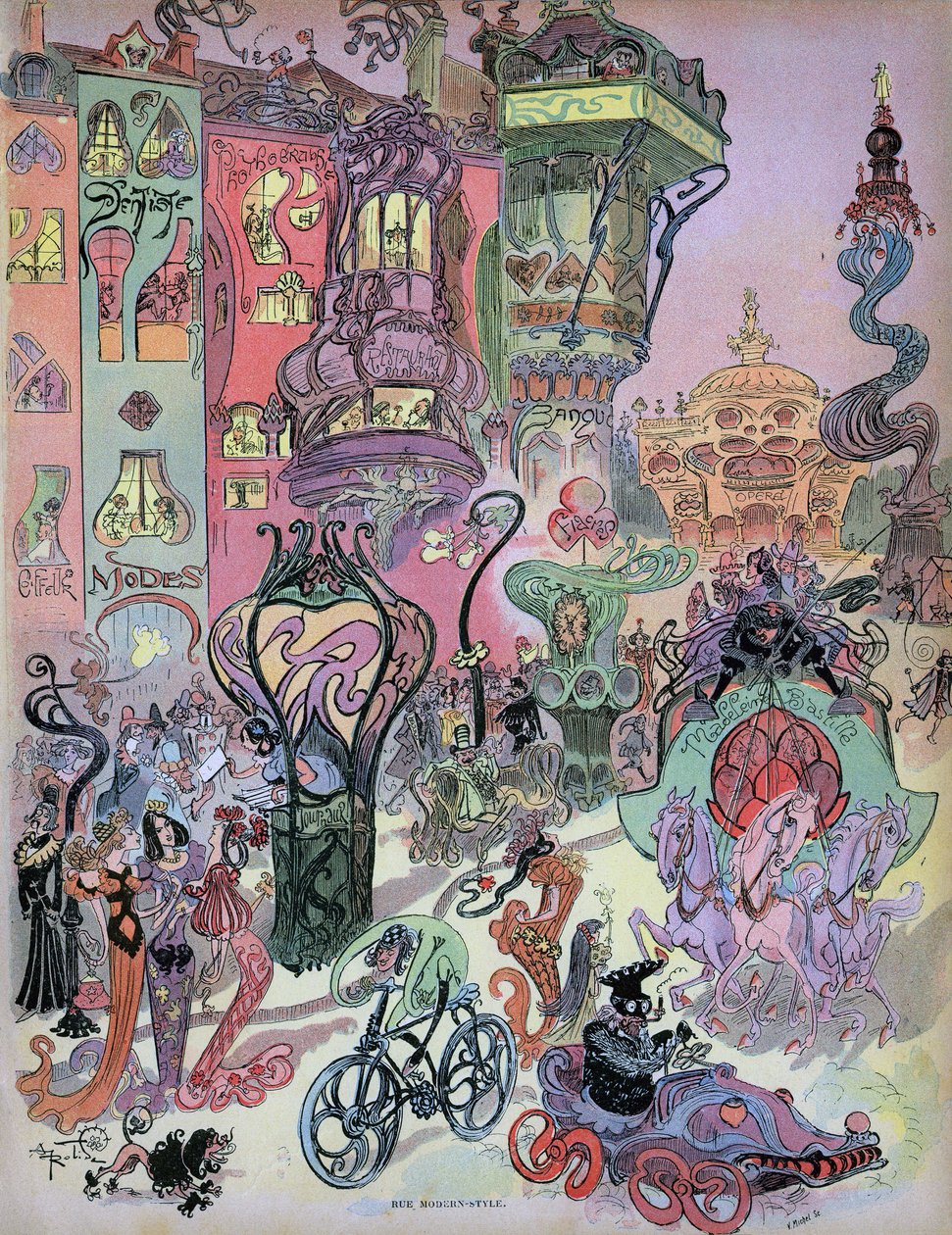 デザイナー、アルベール・ロビダによるパリ・モダン・スタイルの前景。この美しいドローイングの中に、1960年から1980年にかけて描かれたバンドのクリエイターたち、特にフレッド（オトン・アリスティデス、『フィレモンの冒険』）やフォレスト（バーバレラ）へのロビダの影響を見ることができる。 作： アルバート・ロビダ