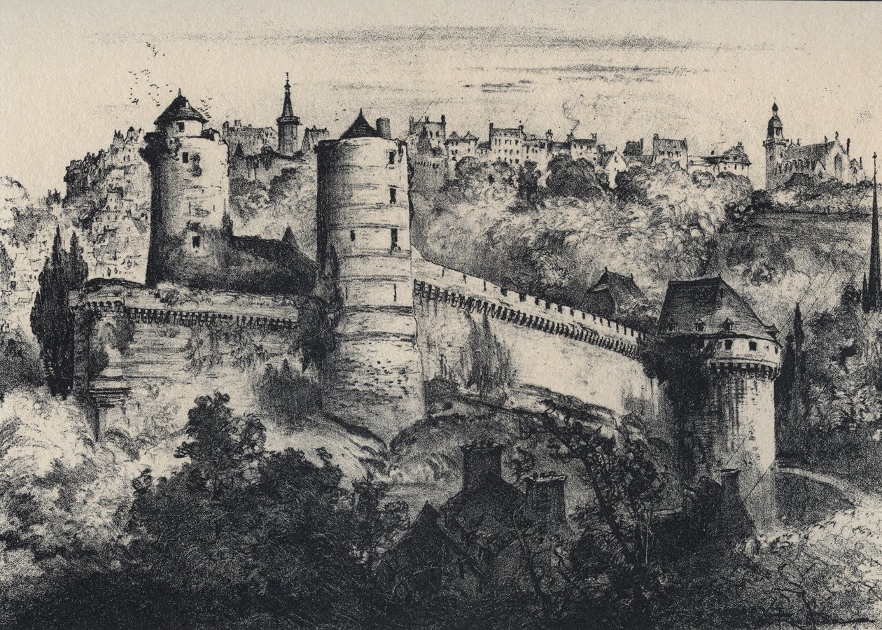 Chateau de Fougeres - イル＝エ＝ヴィレーヌ県の城砦。アルベール・ロビダ(1848-1926)による古いフランス-ブルターニュ-テキスト、図面、リトグラフ 19世紀末未発表 作： アルバート・ロビダ