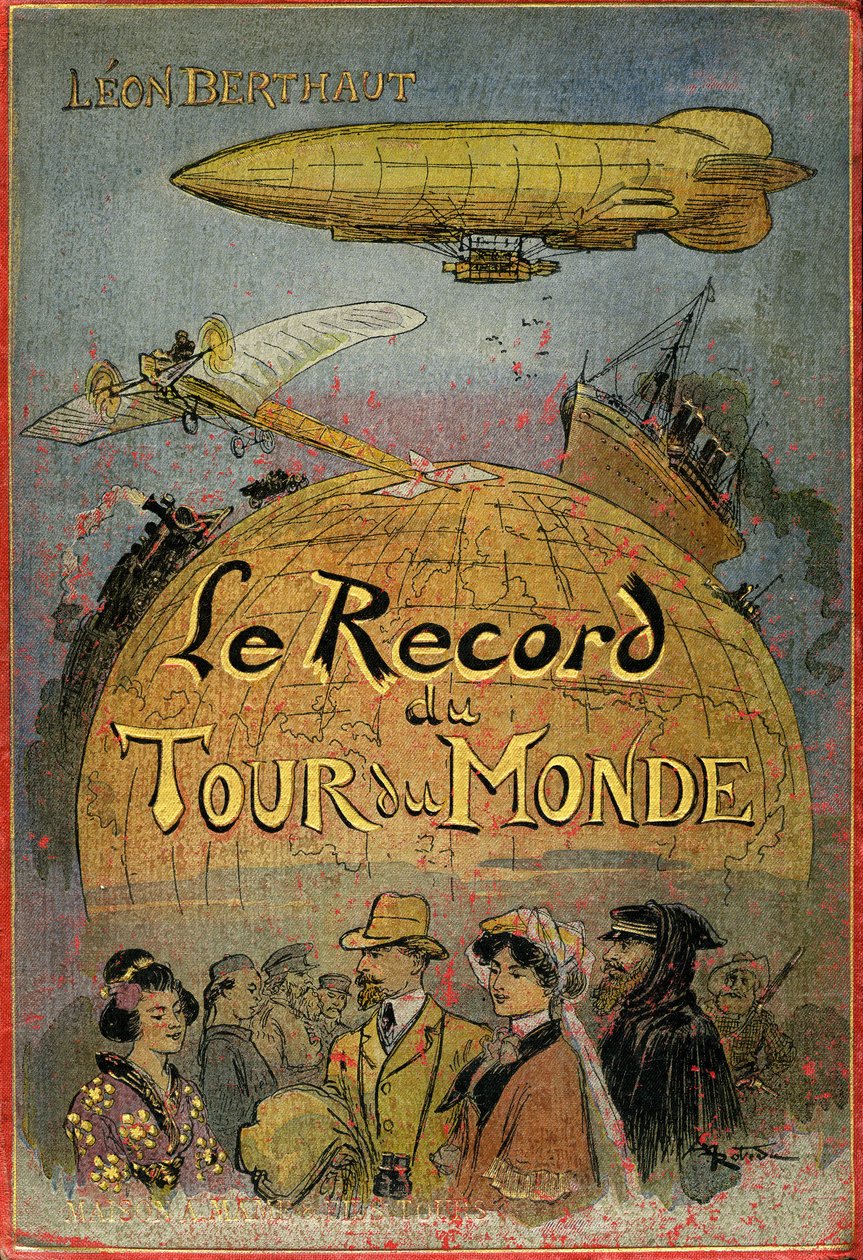アルベール・ロビダ（1848-1926）が挿絵を担当したレオン・ベルソー著『Le record du tour du monde』（マメ社、1911年）の表紙。 作： アルバート・ロビダ