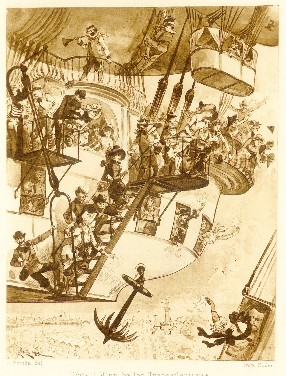 大西洋横断気球の出発（「Le Vingtieme Siecle」より）。1883年のリトグラフ、1883年 作： アルバート・ロビダ