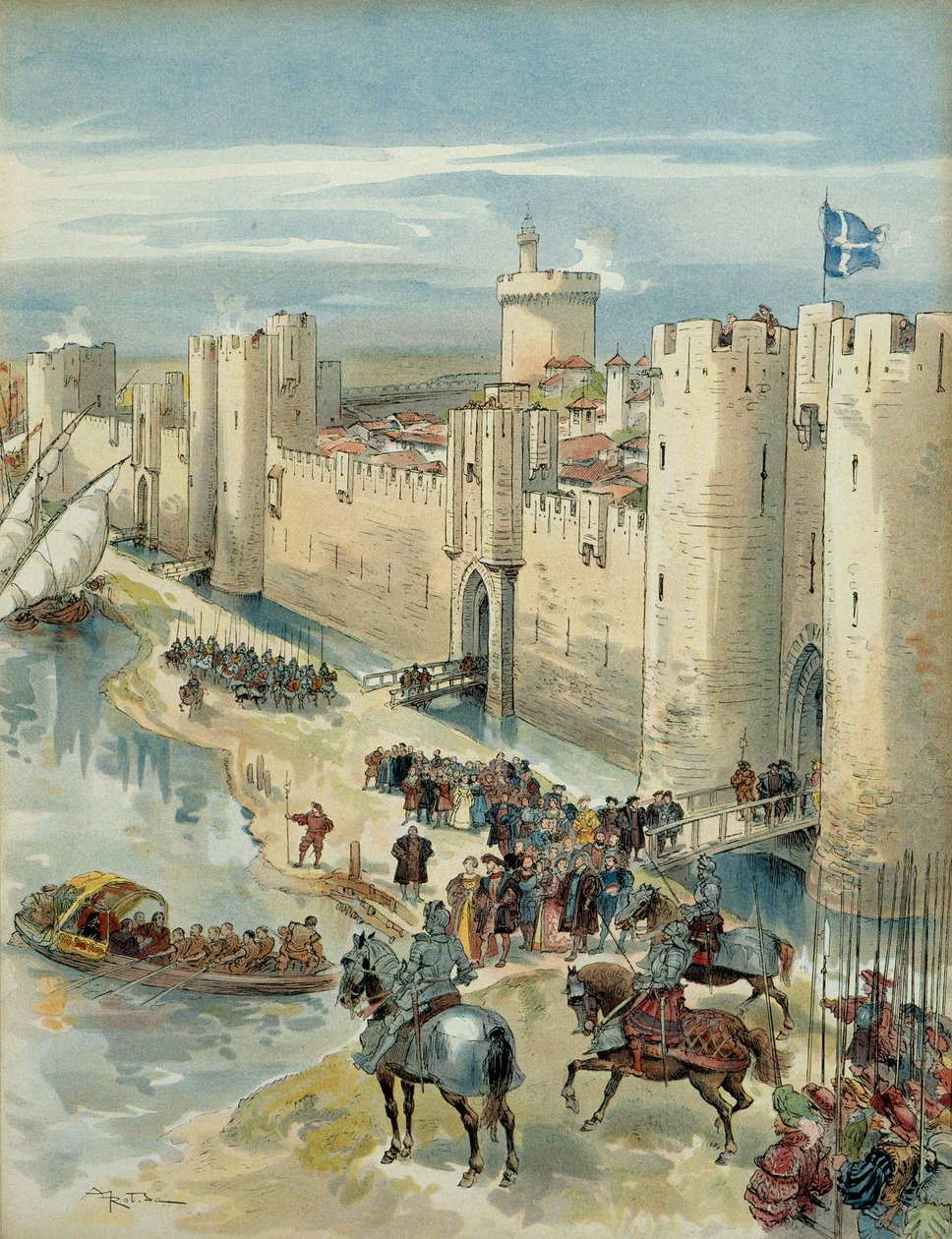 第8次イタリア戦争（1536年～1538年）：1538年7月14日、フランス王フランソワ1世（1494年～1547年）とスペイン王で神聖ローマ帝国皇帝のシャルル5世（1500年～1558年）との会談、Aigues Mortes（またはAigues Mortesの前夜祭）の会見。イラストレーター 作： アルバート・ロビダ