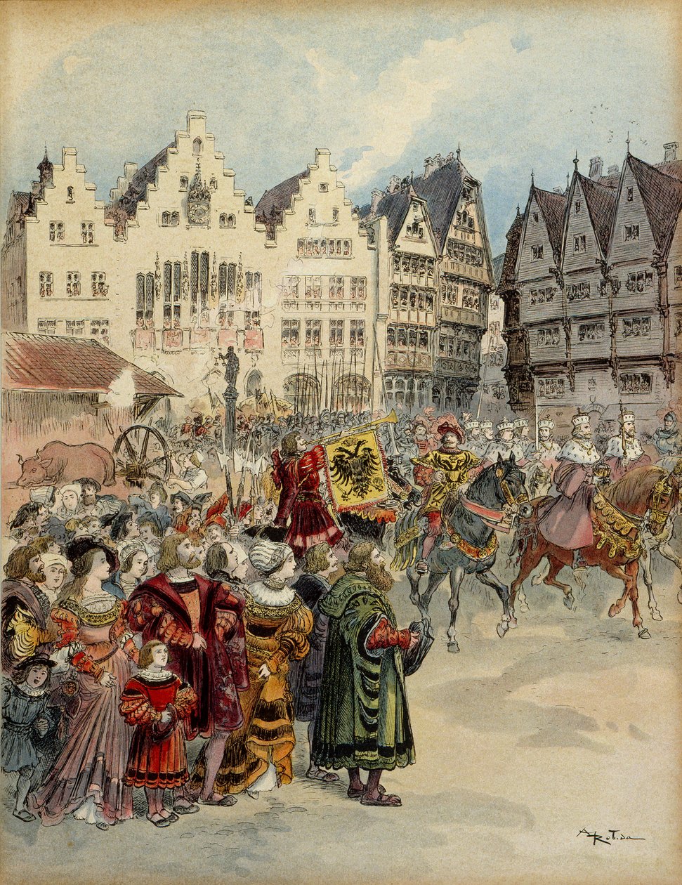 1519年6月28日、シャルル5世（1500-1558）がドイツ皇帝に選出される。フランクフルト（ドイツ）の街を走る7人の選帝侯の隊列。イラスト 作： アルバート・ロビダ
