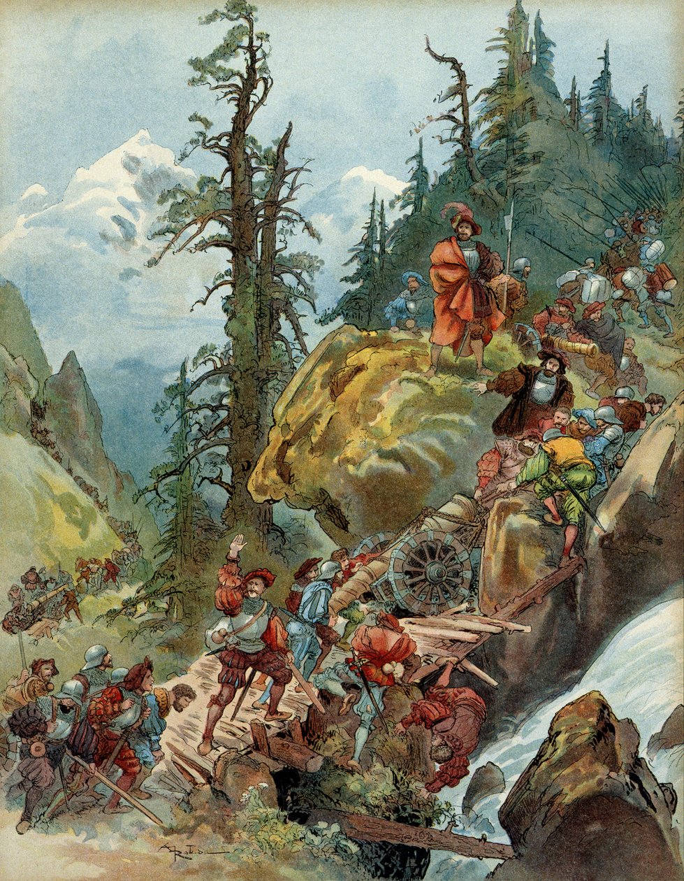 第5次イタリア戦争（1515-1516）：1515年8月、イタリアに向かうフランソワ1世（1494-1547）の軍隊がラルシュ峠を越えてアルプスを通過する様子。イラスト 作： アルバート・ロビダ