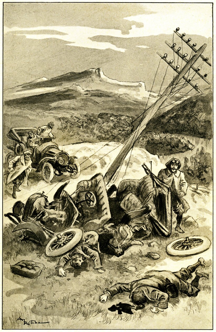 アルベール・ロビダ（1848-1926）がレオン・ベルソーの著書『Le record du tour du monde』のために描いたイラスト。車が電信柱に衝突し、乗客が怪我を負った。 作： アルバート・ロビダ