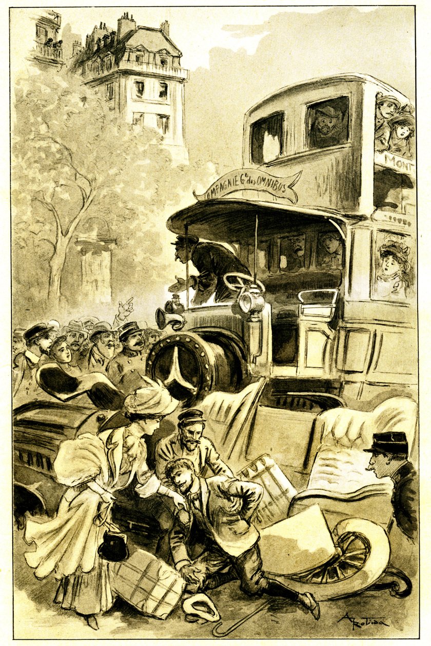 アルベール・ロビダ（1848-1926）がレオン・ベルソーの著書『Le record du tour du  monde』（マメ社、20世紀デビュー版、1911年）に描いたイラスト。運転手は負傷。