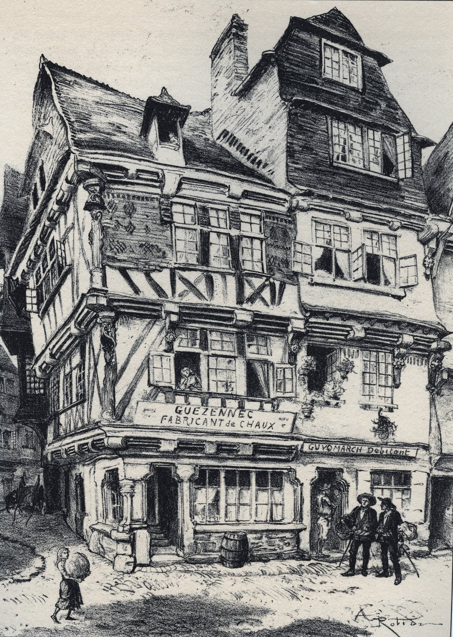 MorlaixのLa venelle aux pastes - La vieille France - La Bretagne - Albert Robida (1848-1926) によるテキスト、ドローイング、リトグラフ 19世紀後半 未発表 作： アルバート・ロビダ