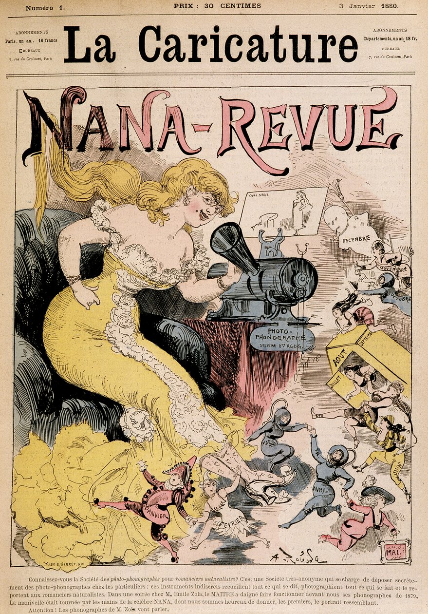 ナナ・レヴュー：ロビダによるゾラと彼女の作品「ナナ」についての漫画-1880年3月1日付「ラ・カリカチュール」にて 作： アルバート・ロビダ