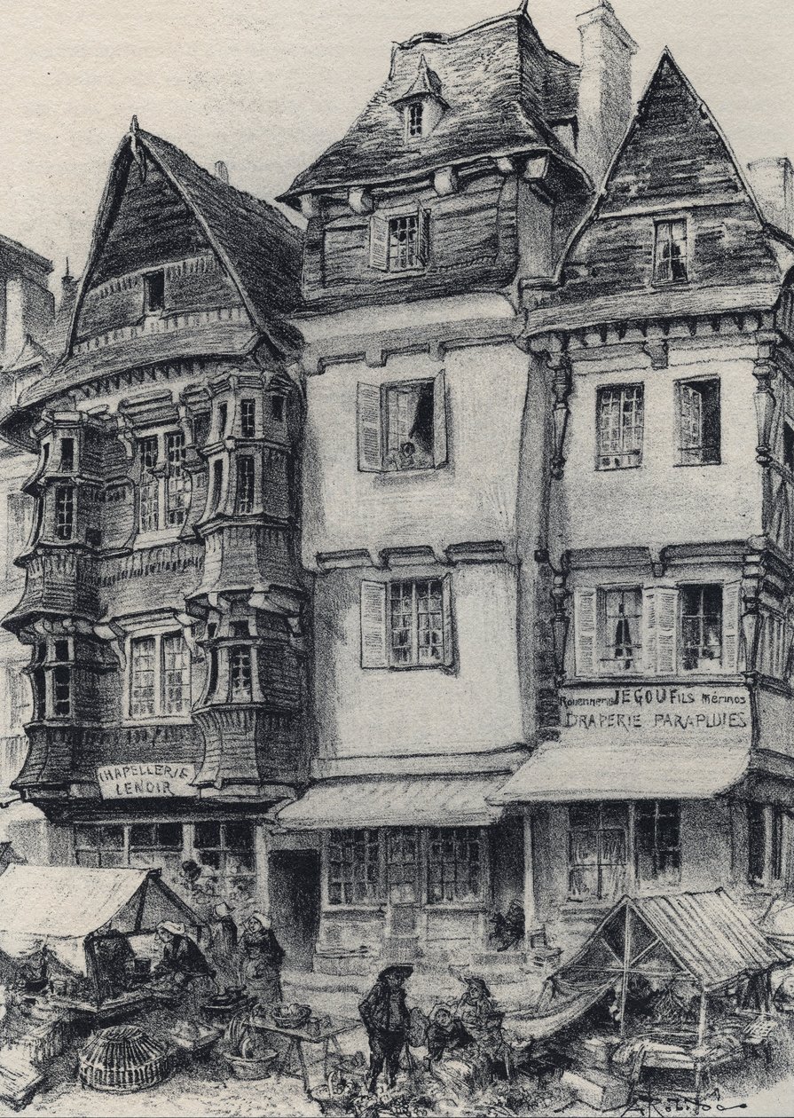アルベール・ロビダ(1848-1926)による「ランニョンのマルシェ広場-古いフランス-ブルターニュ」のテキスト、ドローイング、リトグラフ 19世紀末 未発表 作： アルバート・ロビダ