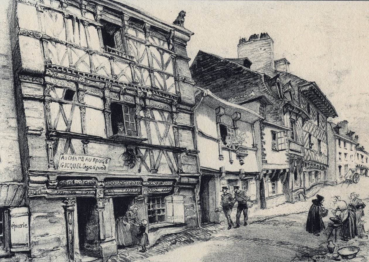 Rue Fardel a Saint Brieuc (Saint-Bryuc) - Old France - Brittany - Albert Robida (1848-1926) によるテキスト、ドローイング、リトグラフ 19世紀末未発表 作： アルバート・ロビダ