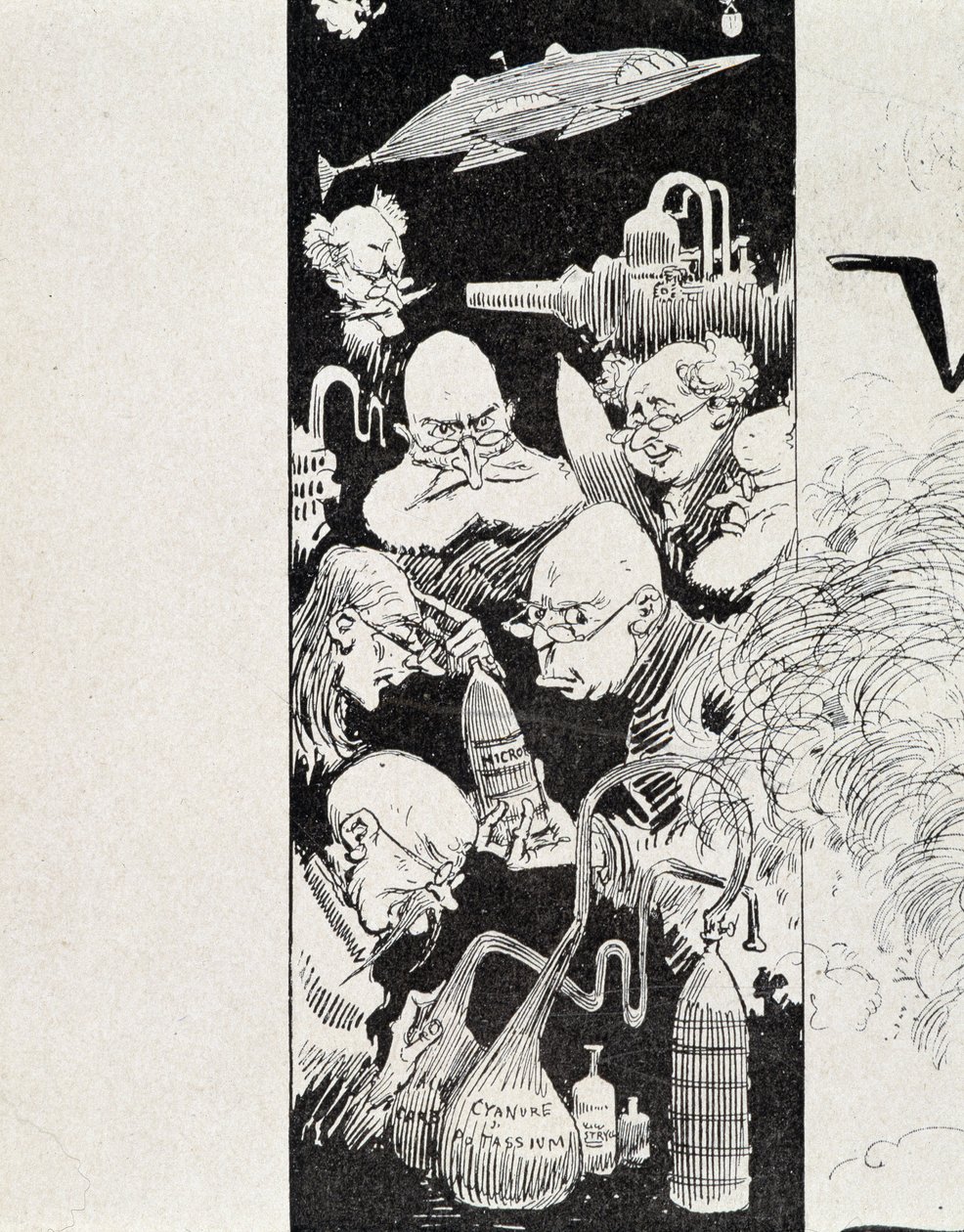 7人の科学者とその発明品。A.ロビダ著「20世紀の戦争」にて 作： アルバート・ロビダ