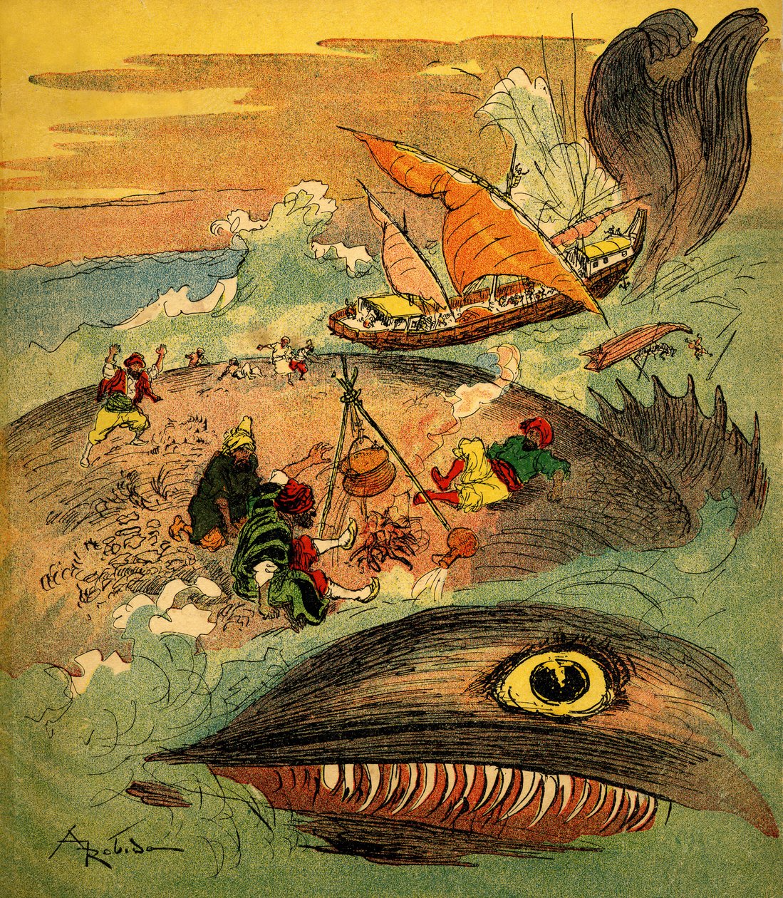 船乗りシンドバッド（シンドバッド）-千夜一夜物語（1001）-彼の冒険を語る1948年の本（フォルタン版、子供の頃の素晴らしいイメージコレクション）-イラスト：アルベール・ロビダ（1848 - 1926）：シンドバッドとその仲間たちは失敗した。 作： アルバート・ロビダ