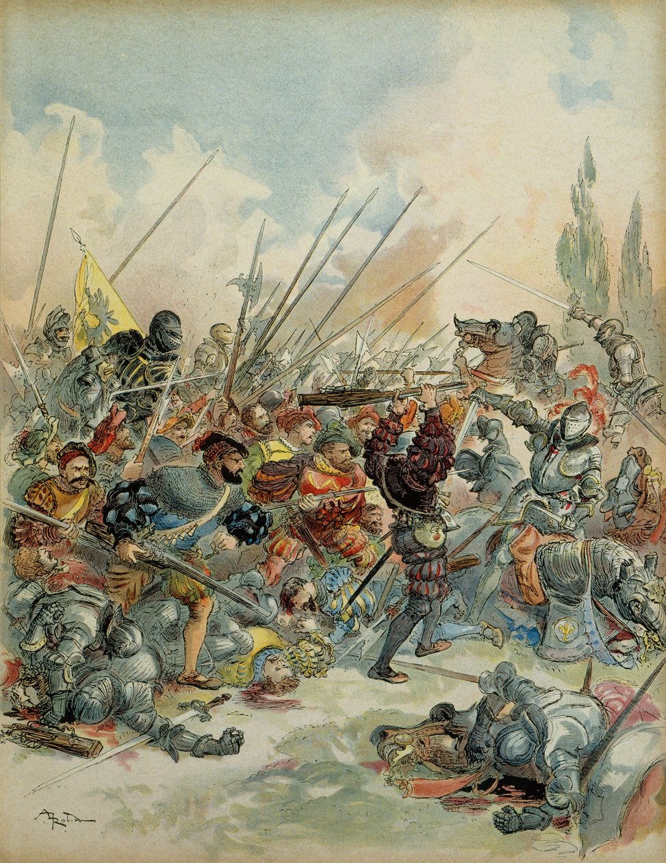 第6次イタリア戦争（1521-1526）。国王フランソワ1世（1494-1547）が2月24日にパヴィア（イタリア）で 作： アルバート・ロビダ