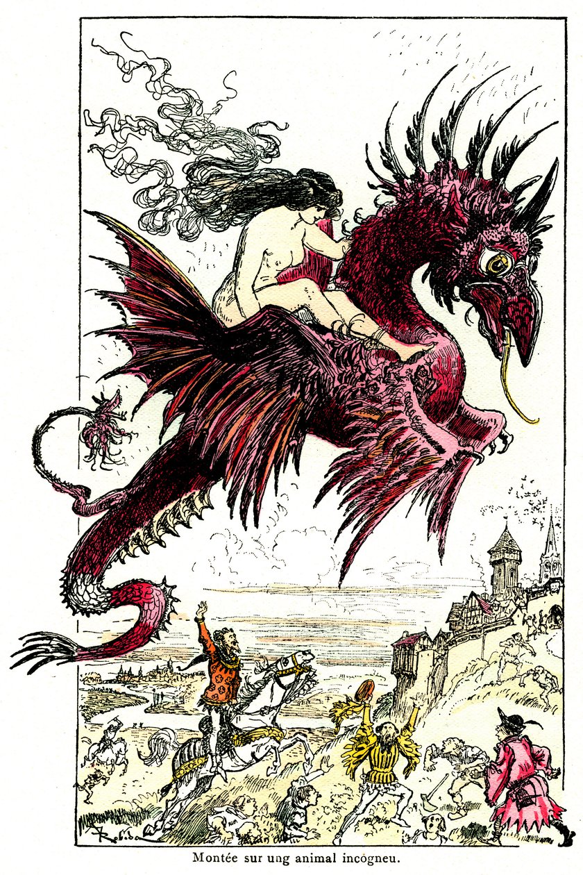 サキュバス：竜に乗る女悪魔（女性）-オノレ・ド・バルザックの『ドロラティック物語』のためのアルベール・ロビダによる挿絵-20世紀初頭 作： アルバート・ロビダ