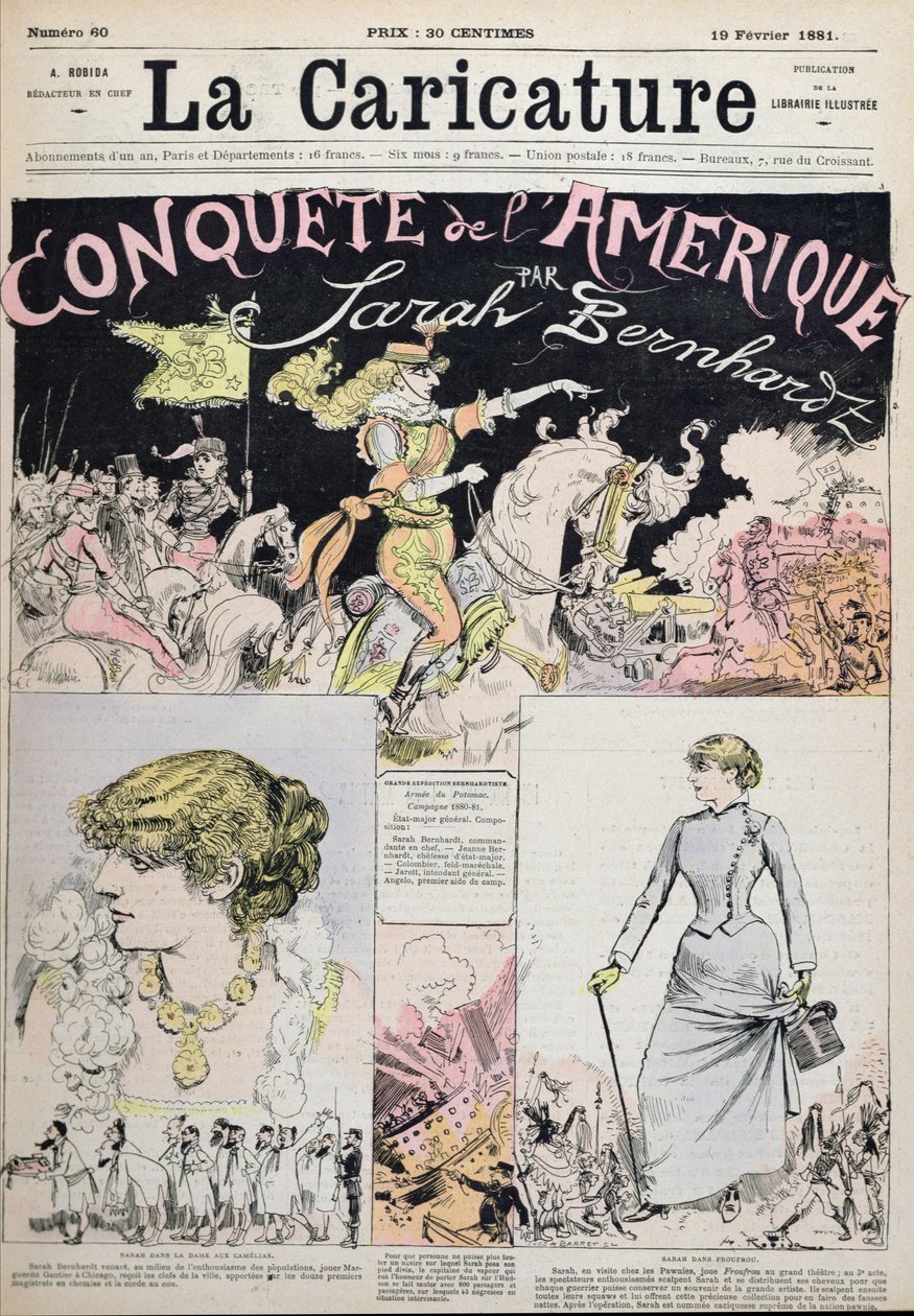 サラ・ベルナールによるアメリカ征服」、「ラ・カリカチュア」誌の漫画 作： アルバート・ロビダ