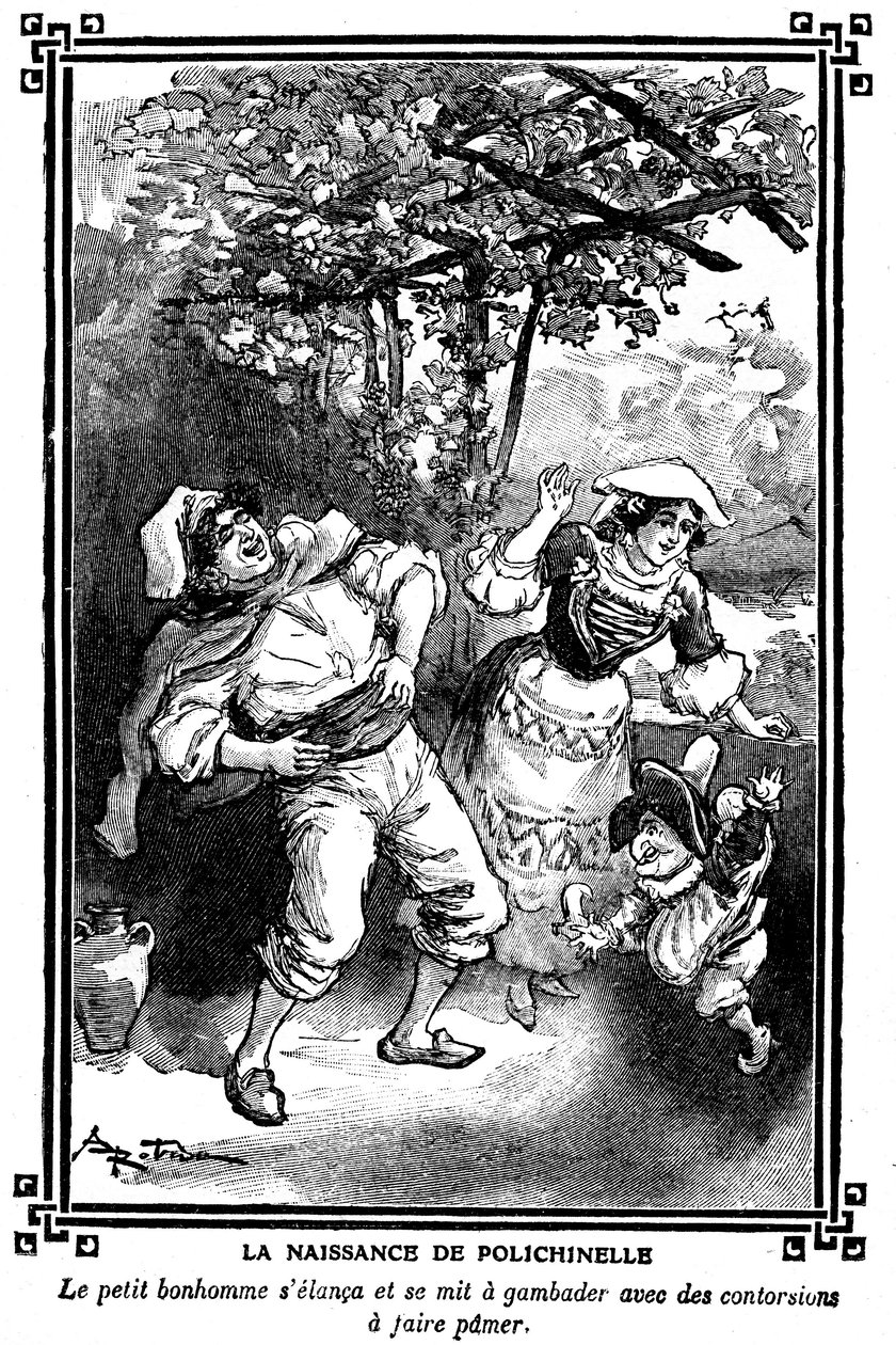 ポリシネルの誕生。アルベール・ロビダ（1848-1926）が1920-1930年の子供向け朗読集に描いた絵。 作： アルバート・ロビダ