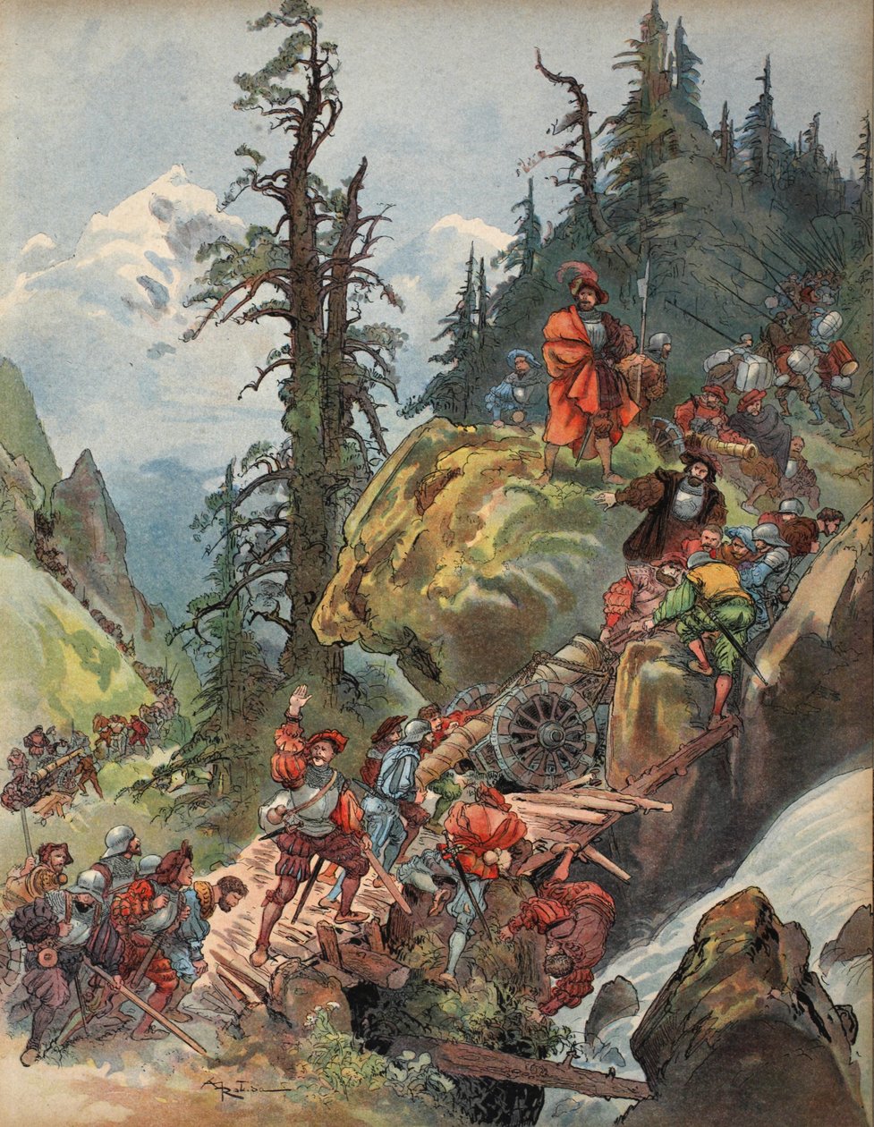 フランソワ・イヤーのアルプス越え」のイラストGeorge G. Toudouze著「Le Roi Chevalier」（1909年出版）の挿絵。1909年（カラーリトグラフ）。 作： アルバート・ロビダ
