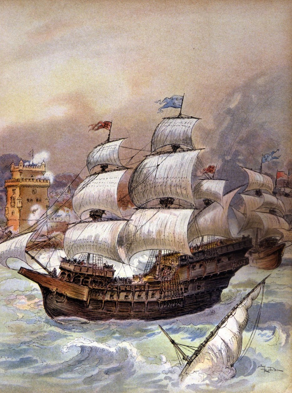 A frota de Jean Ango bloqueia o Tejo e ameaça Lisboa, c.1909 (ilustração) 作： アルバート・ロビダ