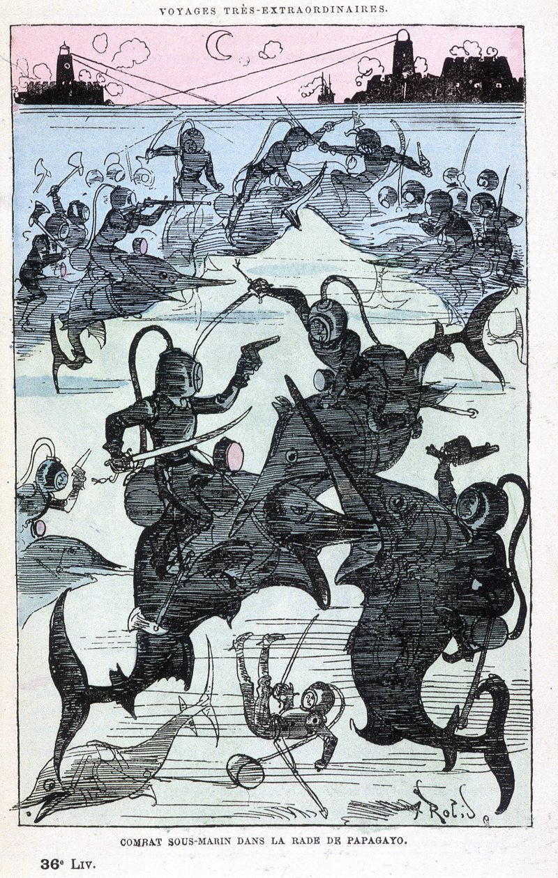 Unterwasserkampf in der Bucht von Papagayo (Taucher reiten auf Fischen), Parodie von Jules Verne, „Sehr außergewöhnliche Reisen von Saturnin Farandoul in 5 oder 6 Teilen der Welt und in allen bekannten oder unbekannten Ländern von Herrn Jules Verne“ von Ro von Albert Robida
