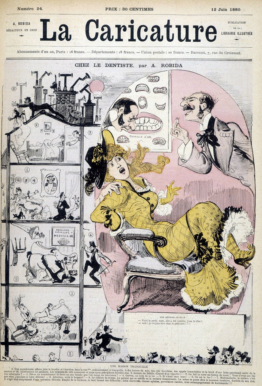 歯医者の女 - ロビダ作、1880年12月6日付「La caricature」に掲載。 作： アルバート・ロビダ