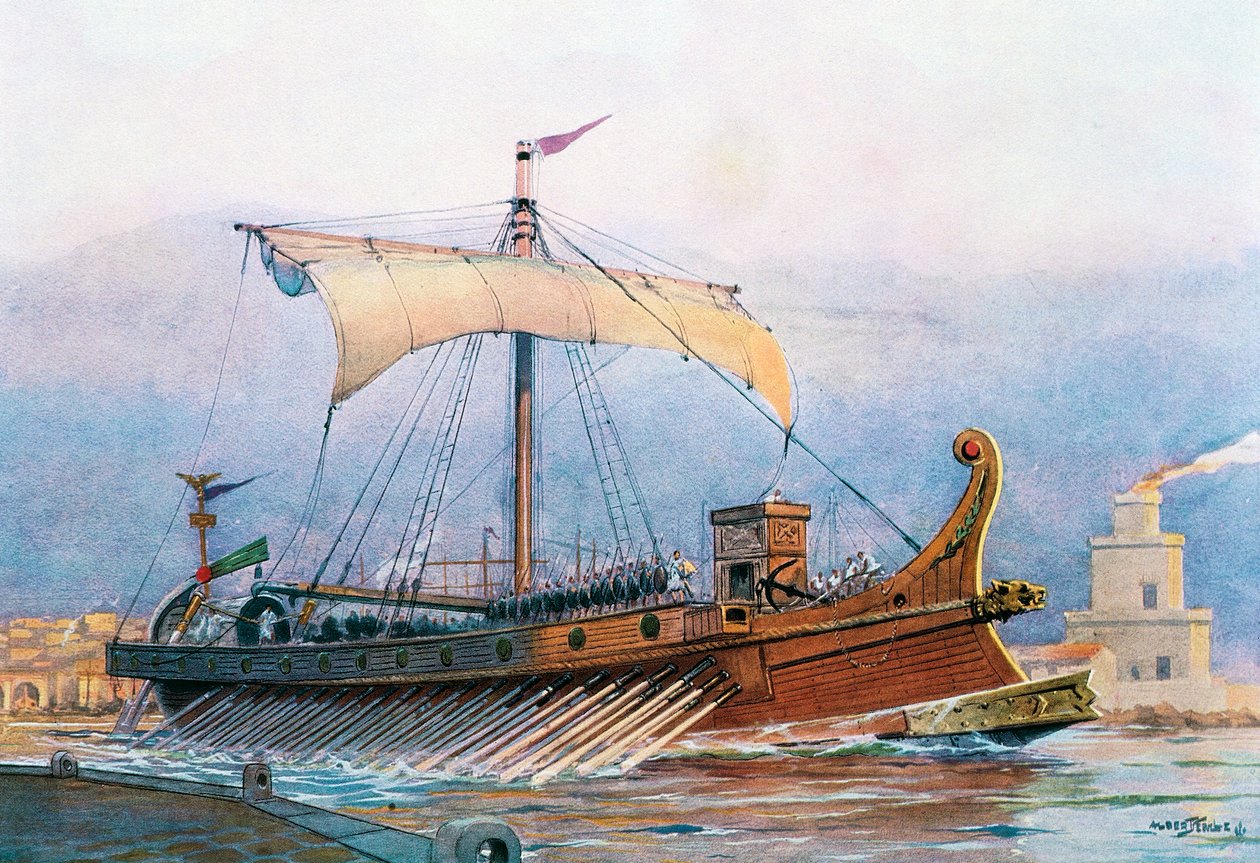 工廠を出るローマ帝国時代の船、アルベール・セビーユ（1874-1953）の水彩画。 作： アルバート・セビレ