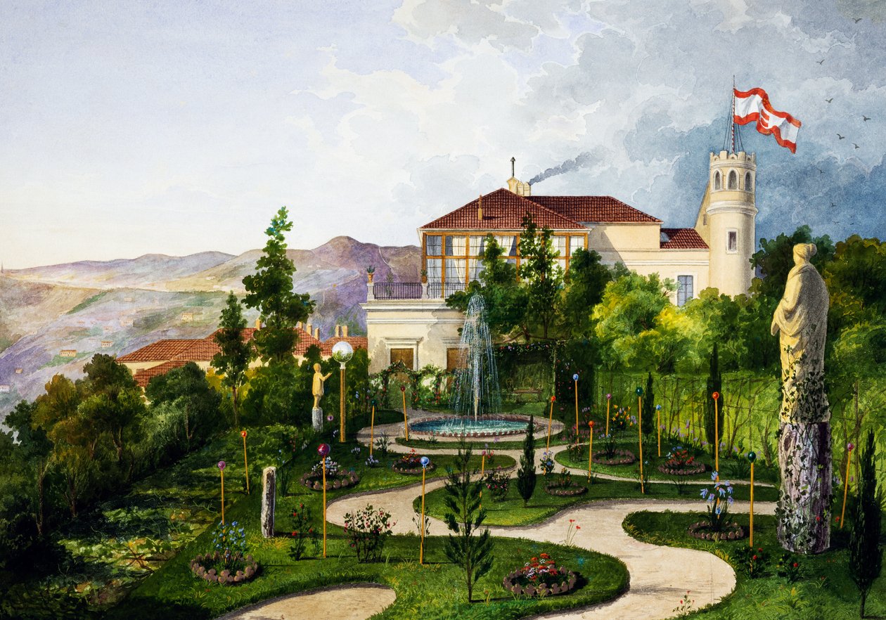 Exterior com jardim, a sudoeste da Villa Lazzarovic Trieste, residência de Maximiliano de Habsburgo (1832-1867) 作： アルベルト・プロスドチーニまたはプロスドミ