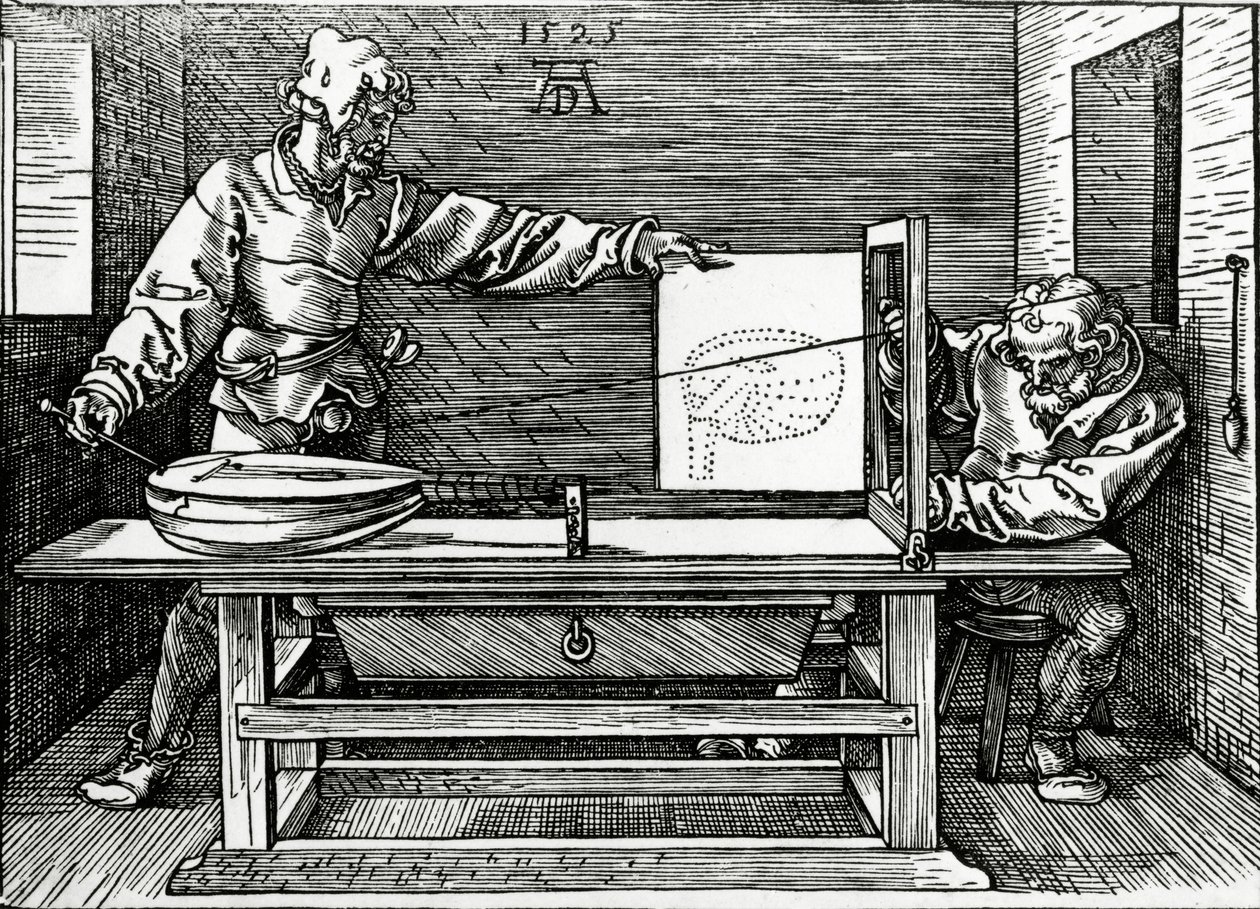 1525年に出版された遠近法装置を使用してリュートを描くアーティスト、デュラーの「測定に関する4つの本」のイラスト 作： アルブレヒト・デューラー