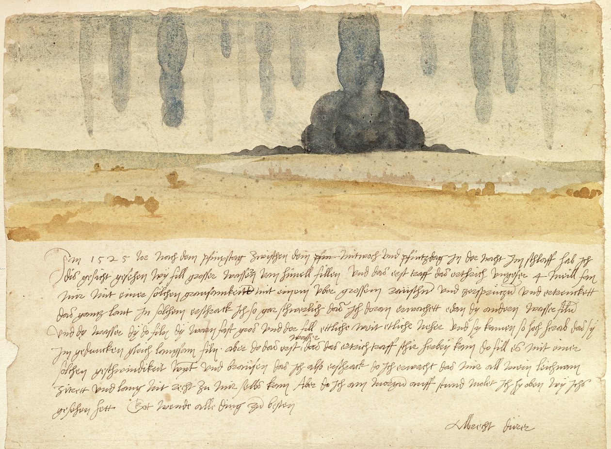 テキストのある夢の風景、1526年（紙にペンとインクとトイレ） 作： アルブレヒト・デューラー