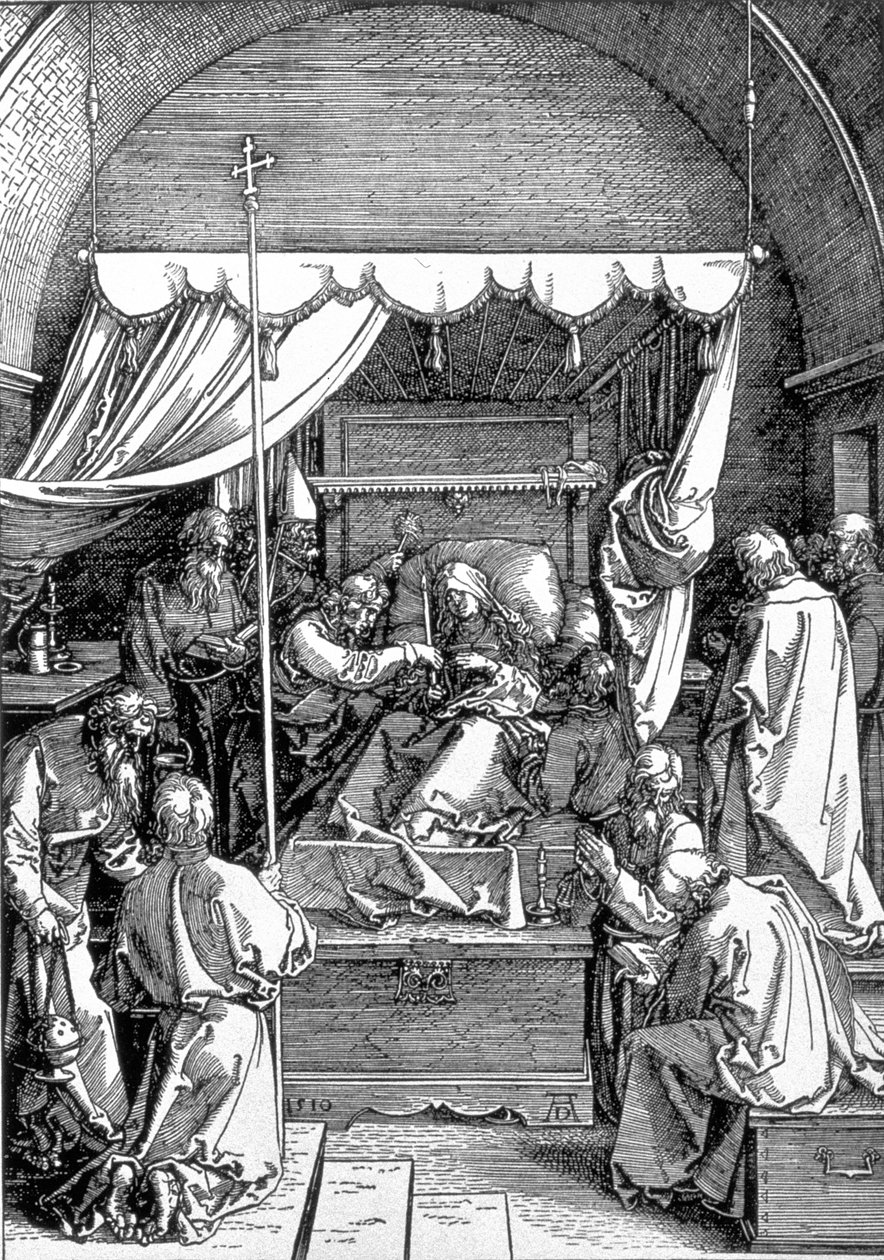 1510年に刻まれた「処女の生涯」シリーズからの処女の死、パブ。 1511 作： アルブレヒト・デューラー
