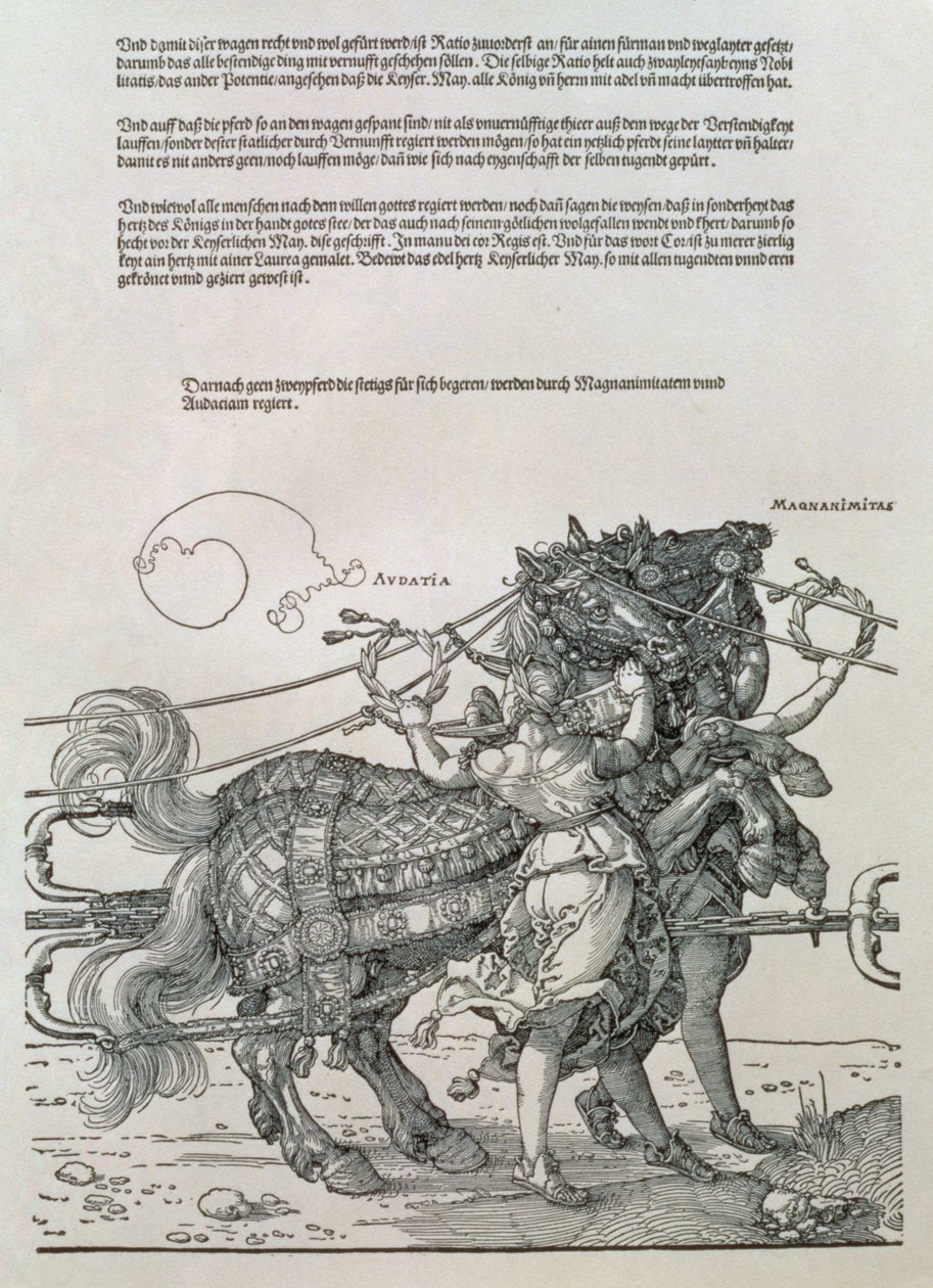 ドイツの皇帝マクシミリアン1世の勝利の戦車（1459-1519）：馬のチームの詳細、2つの美徳、寛大さと大胆さ 作： アルブレヒト・デューラー
