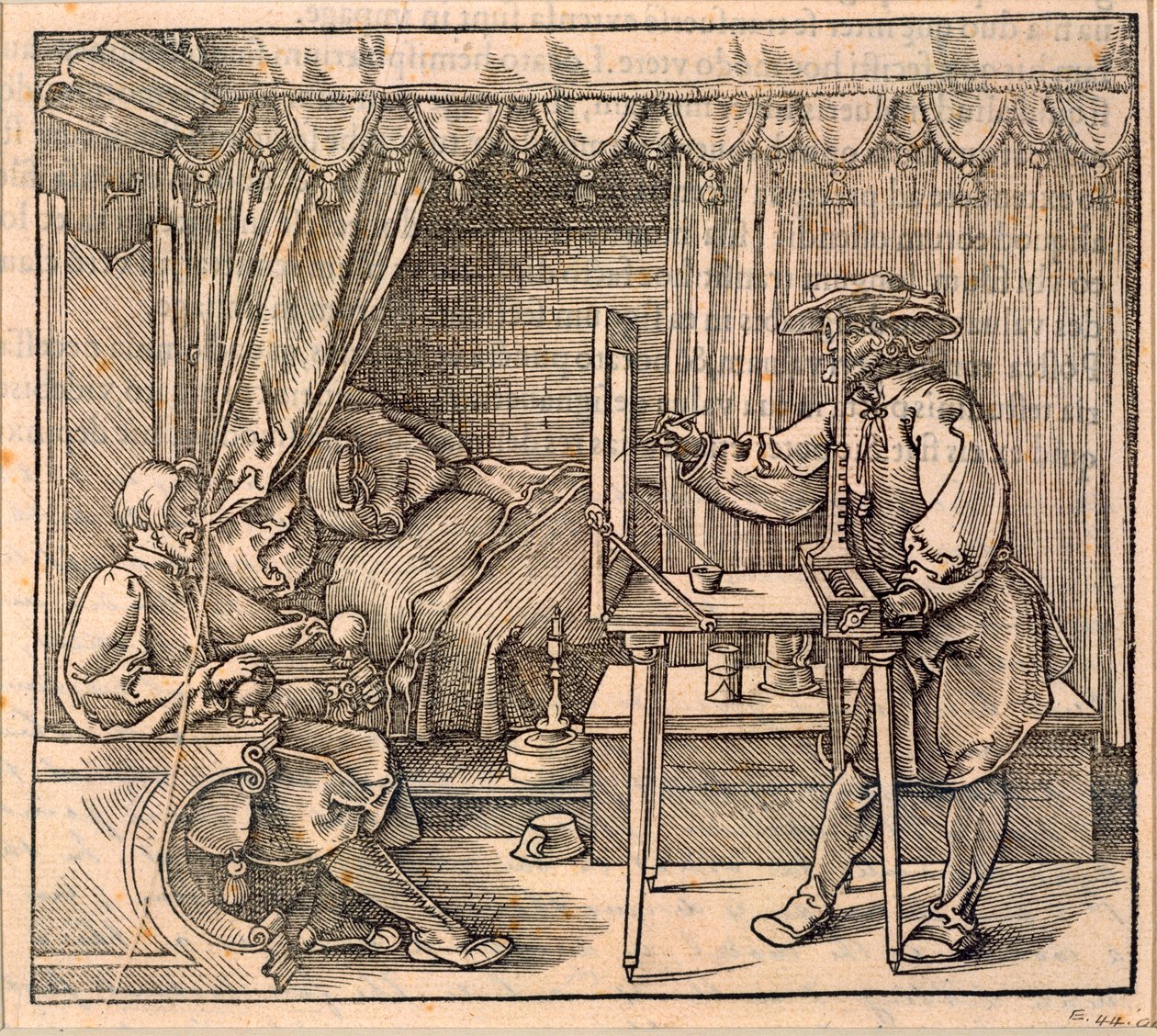 Albrecht Durerの「Course in the Art of Drawing」から、ガラスに描くための遠近法の装置を使用して、肖像画の詳細をとる製図者がニュルンベルク1525を公開（2も参照） 作： アルブレヒト・デューラー