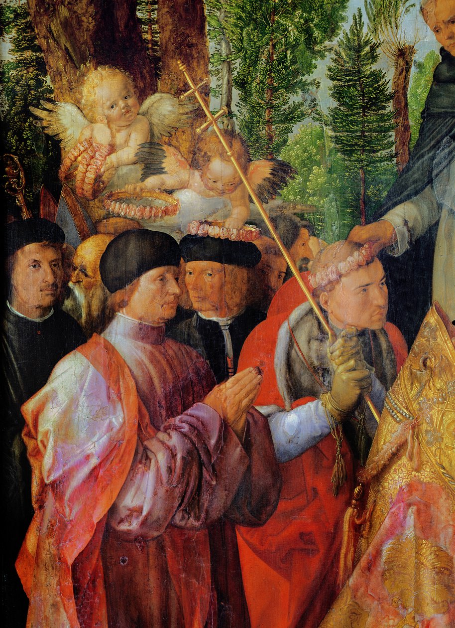 バラ園の祭典、左の細部：祈る、1506年（木の上の油） 作： アルブレヒト・デューラー