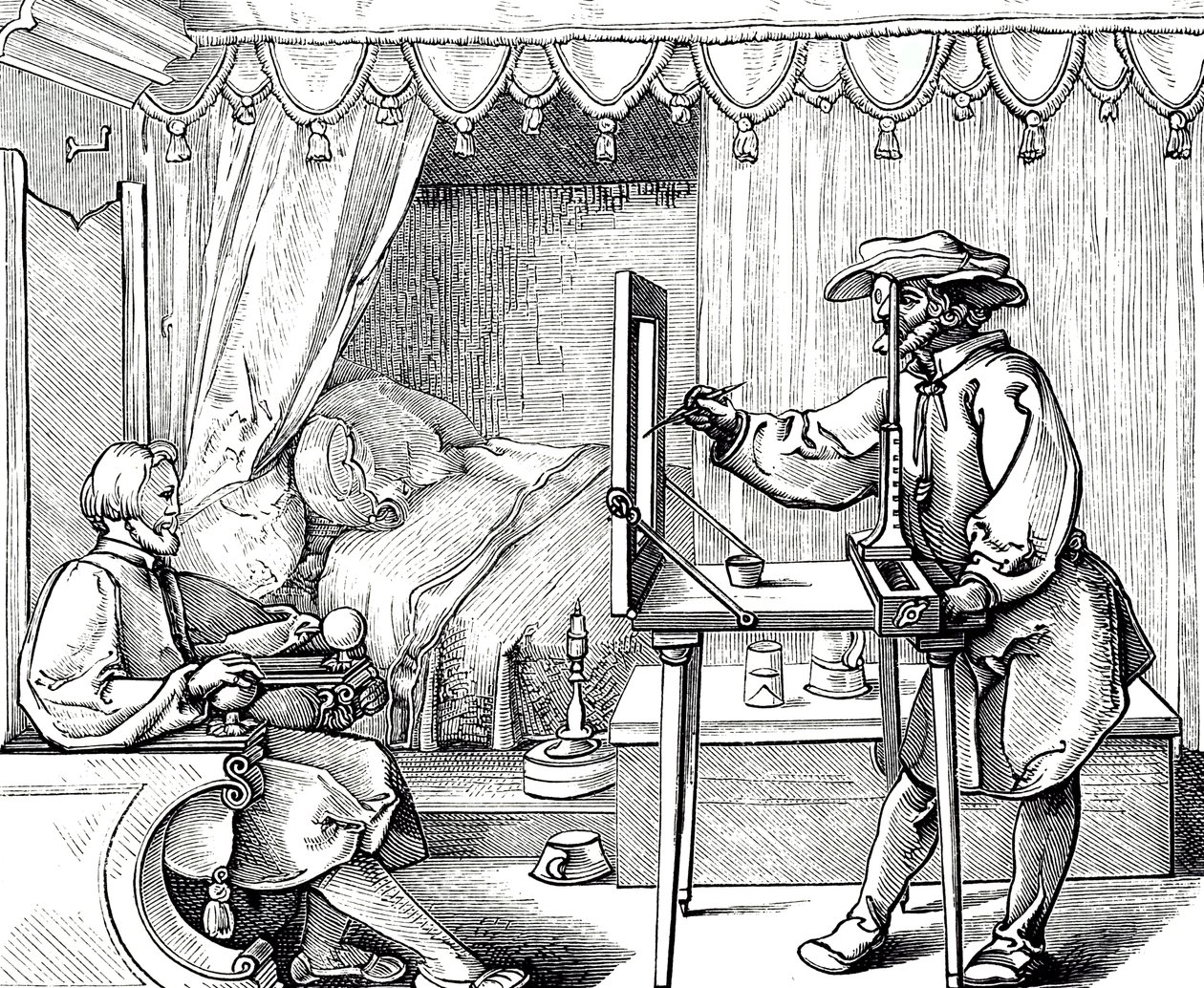 肖像画のプロポーションを整えるために画材を使う画家を描いた木版画。アルブレヒト・デューラー（1471-1528）によるもので、ルネッサンス期のドイツ人画家、版画家、理論家。 作： アルブレヒト（後）デューラーまたはデューラー