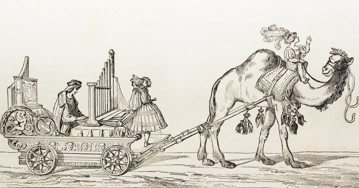 ラクダの引く馬車の中で演奏するオルガン奏者パウル・ホファナー 1880年頃（エングレーヴィング 作： アルブレヒト（後）デューラーまたはデューラー