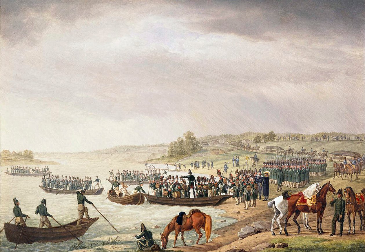 1812年6月30日、1815年6月30日にニーマンを横断するユージーンデボーハルネのイタリア軍団。 作： アルブレヒト・アダム