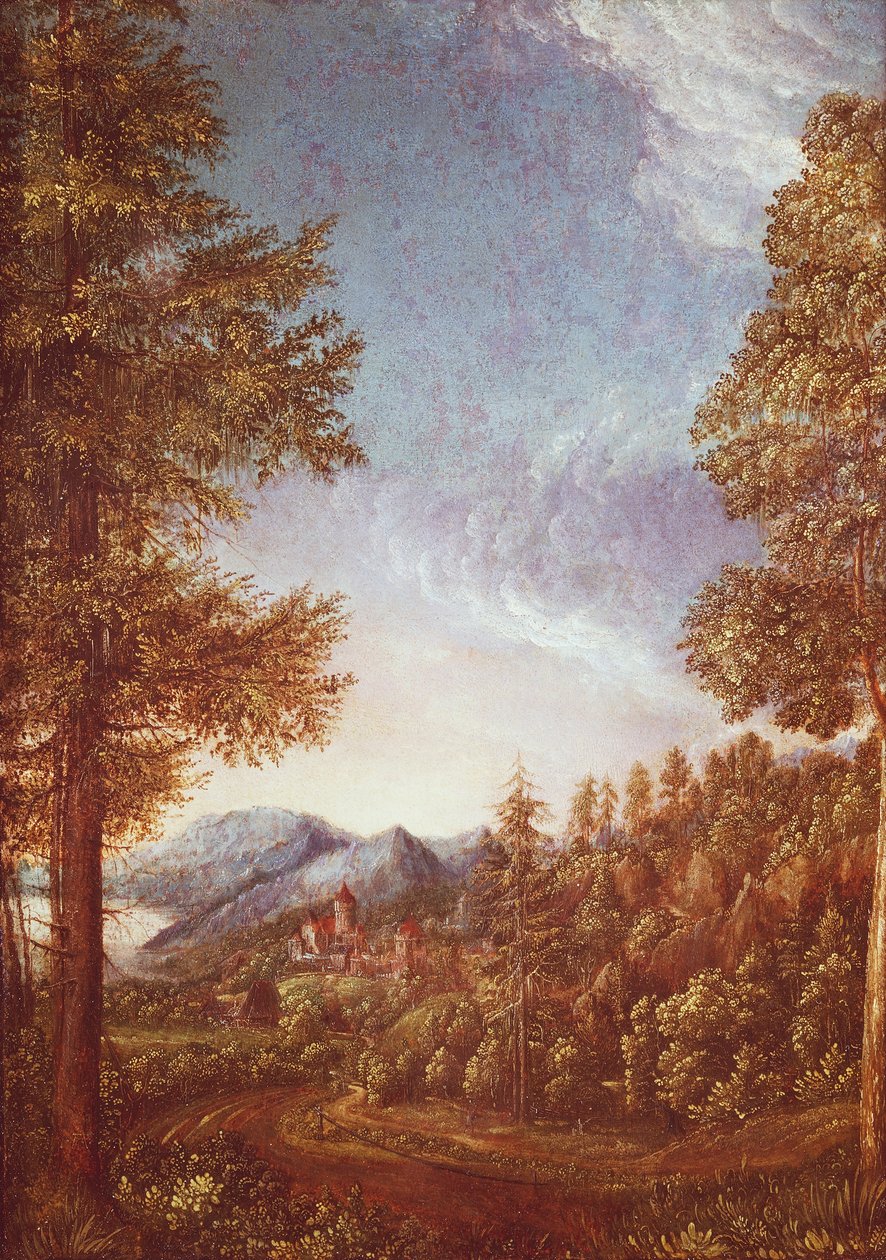 ウォース城のあるドナウ川の風景、1522-25年頃（ブナ材に羊皮紙） 作： アルブレヒト・アルトドルファー