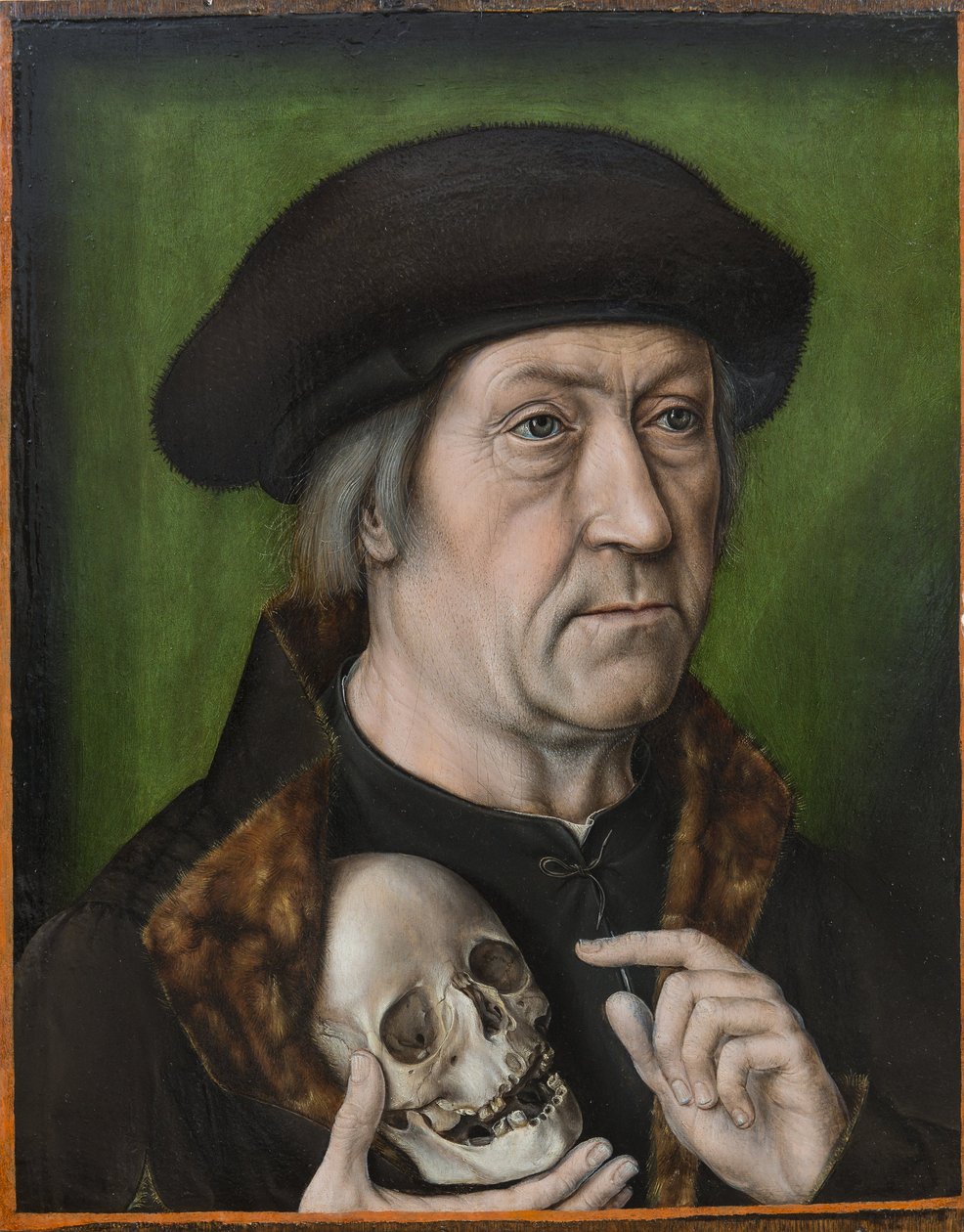 Autoportrait avec un crane - 髑髏のある自画像、Bouts、Aelbrecht (Albert) (1451/54-1549) 作。 木に油彩、c。 1520. 寸法: 42,6x33 cm. Muzeul National Brukenthal, シビウ 作： アルブレヒトの試合