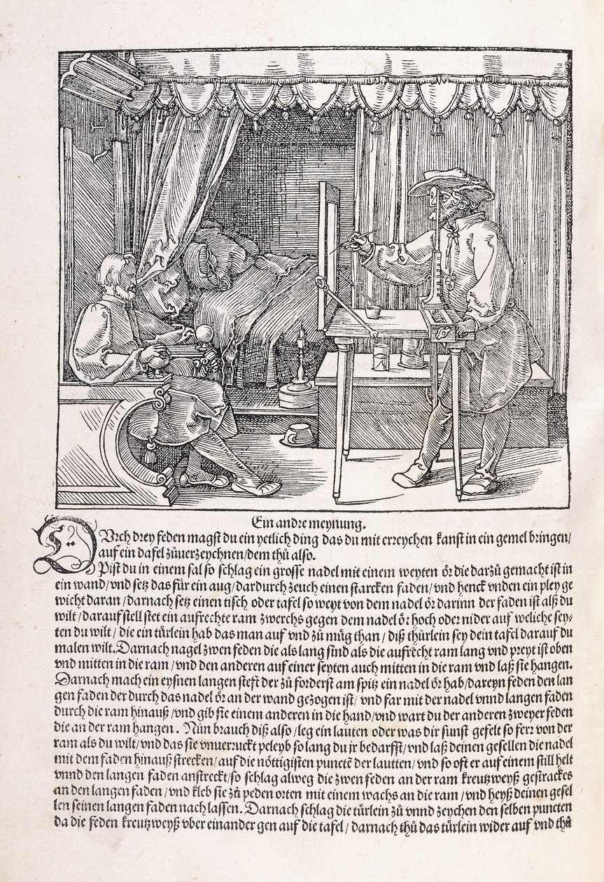1525の画枠を使用して肖像画を描く製図工 作： アルブレヒト・デューラー