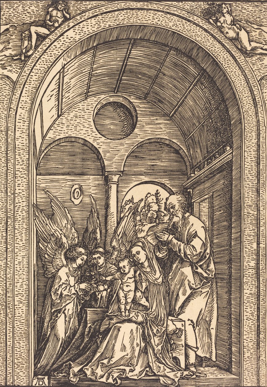 アーチ型のホールにいる 2 人の天使のいる聖家族、c. 1504年。 作： アルブレヒト・デューラー