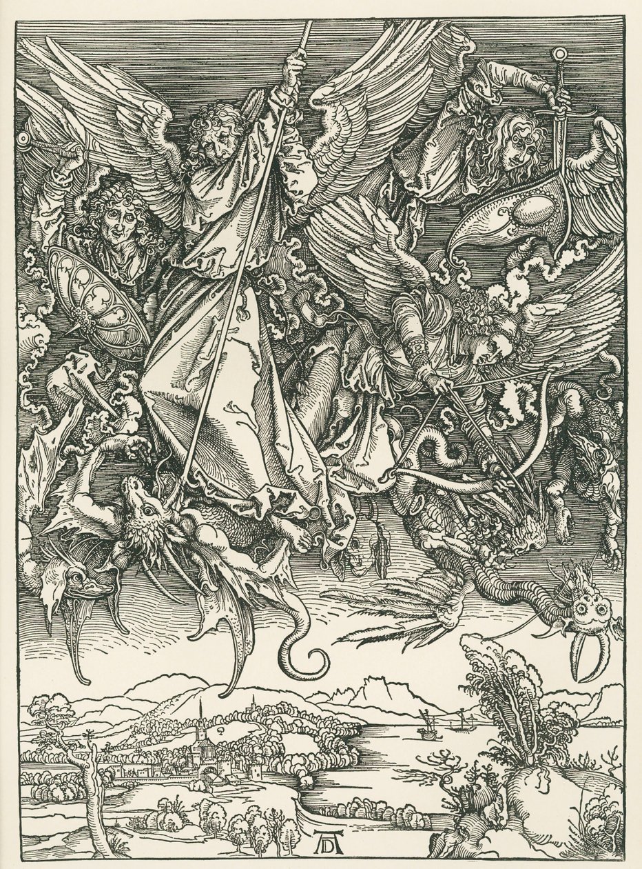 ドラゴンと戦う大天使ミカエル。聖ヨハネの黙示録 1498年頃（木版画） 作： アルブレヒト・デューラーまたはデューラー
