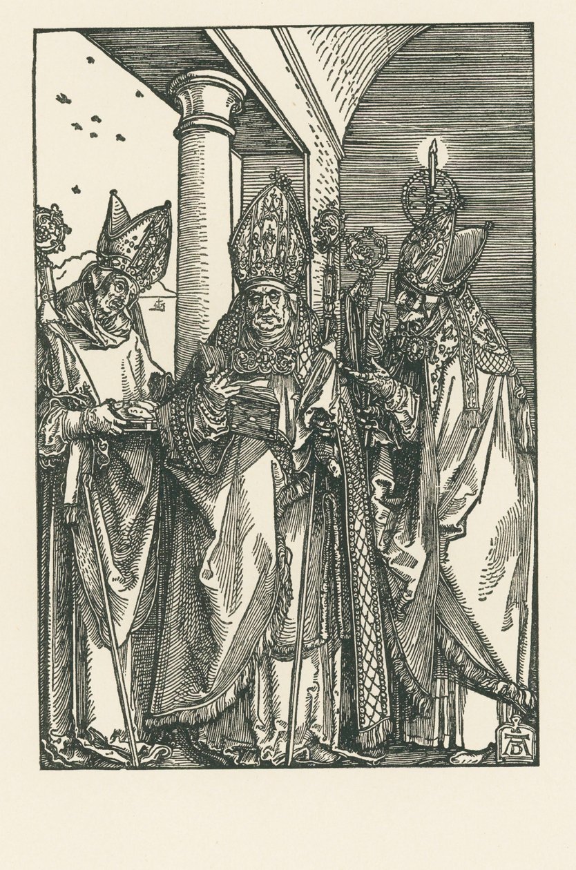 司教聖ニコラウス、聖人ウルリッヒとエラスムス、1505年頃（木版画） 作： アルブレヒト・デューラーまたはデューラー