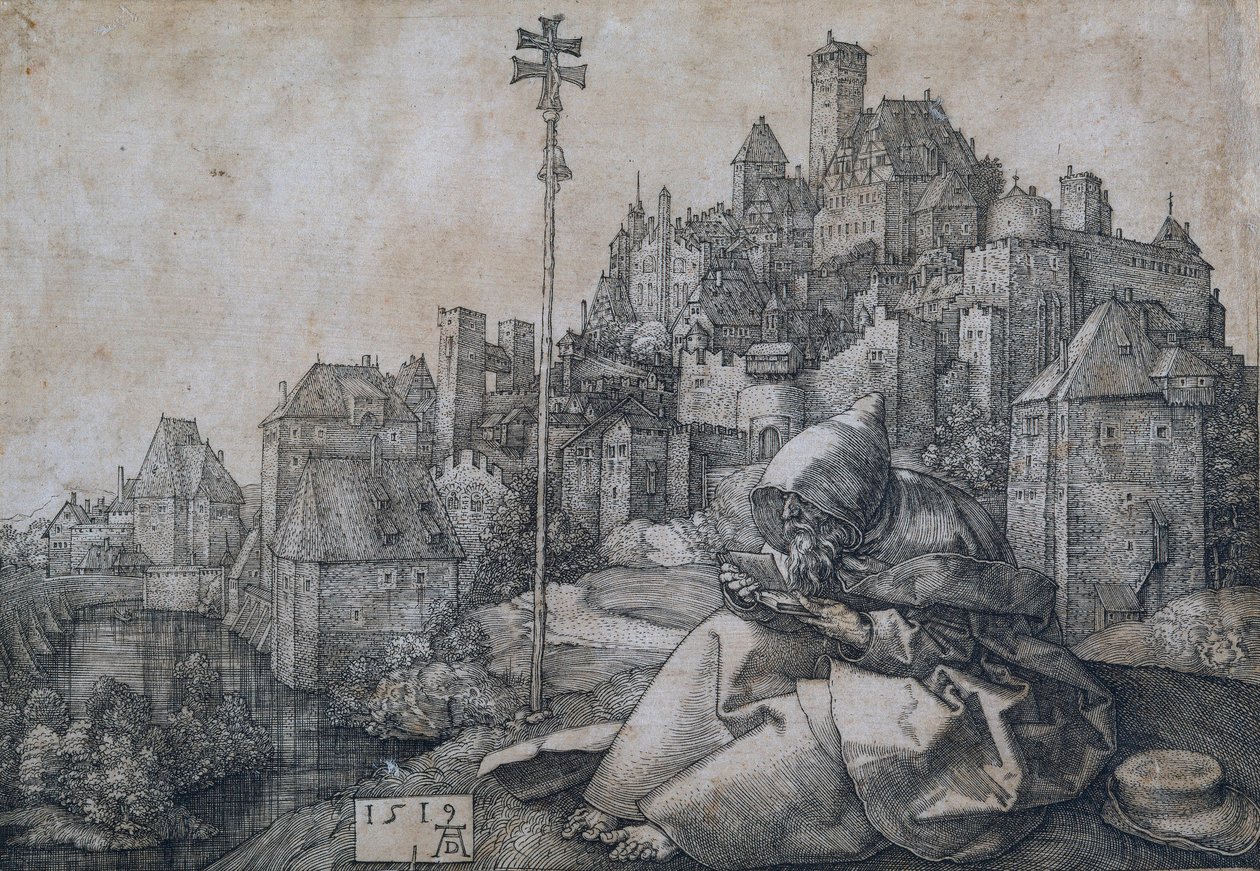 街の前に座る聖アントニウス - アルブレヒト・デューラーによる銅版画 (1471-1528) 作： アルブレヒト・デューラー