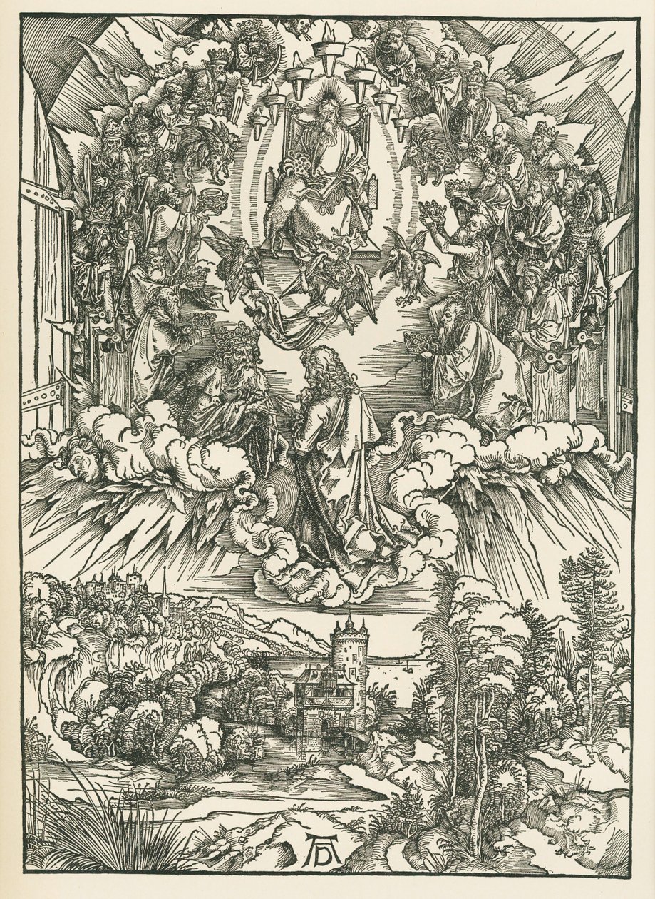 神と天国の24人の長老の前の聖ヨハネ。聖ヨハネの黙示録 1496年頃（木版画） 作： アルブレヒト・デューラーまたはデューラー