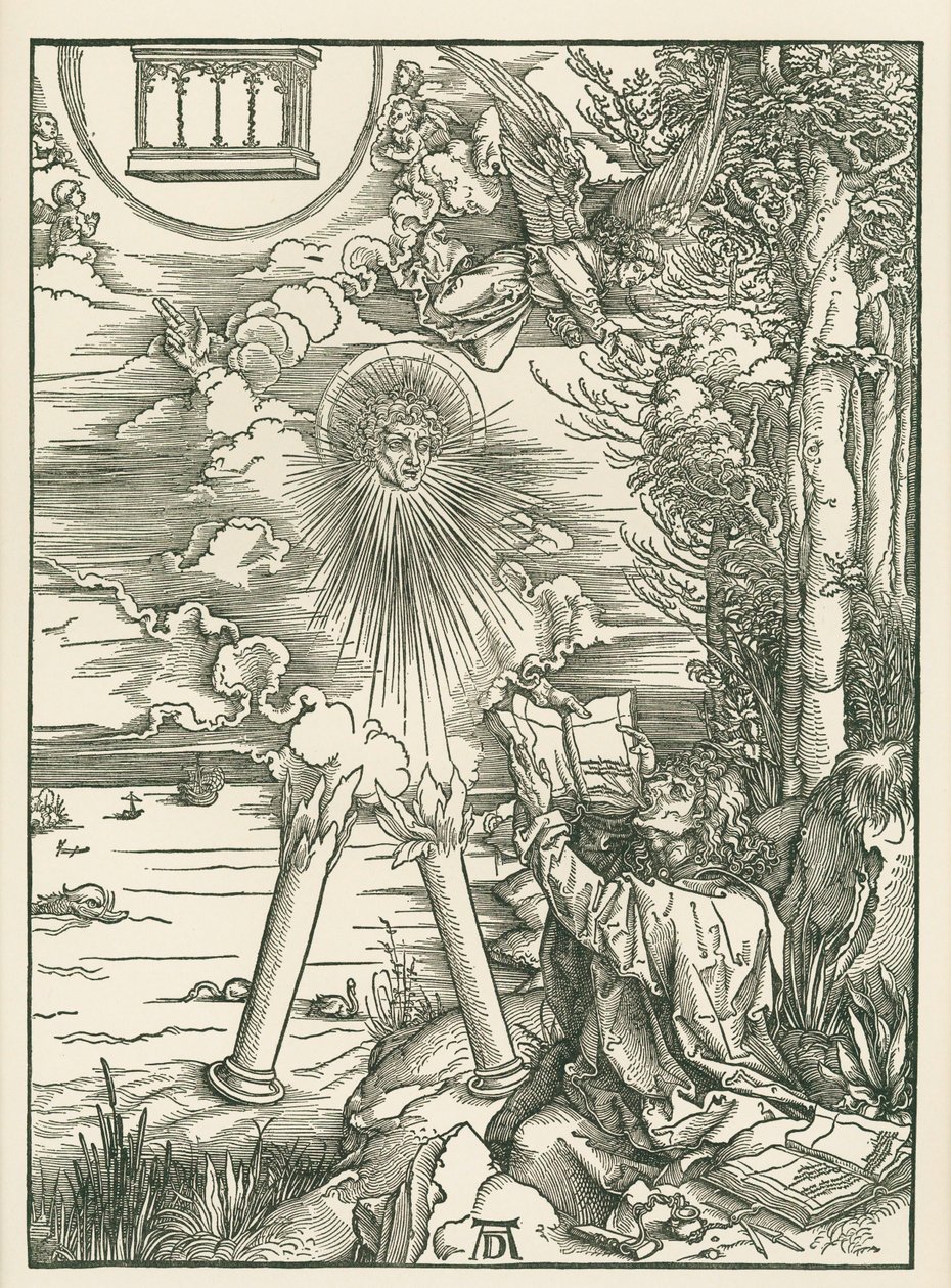 天使から贈られた書物を貪る聖ヨハネ。聖ヨハネの黙示録 1498年頃（木版画） 作： アルブレヒト・デューラーまたはデューラー