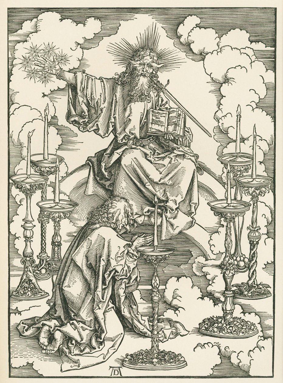 聖ヨハネが見たキリストと七つの燭台。聖ヨハネの黙示録 1496-98年頃（木版画） 作： アルブレヒト・デューラーまたはデューラー